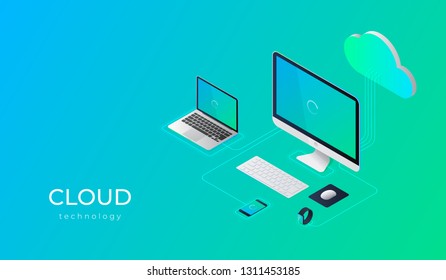 Cloud computing technology users network configuration isometric advertisement poster with pc monitor tablet phone laptop vector illustration