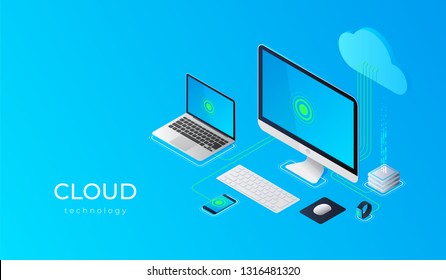 Cloud computing technology users network configuration isometric advertisement poster with pc monitor tablet phone laptop vector illustration