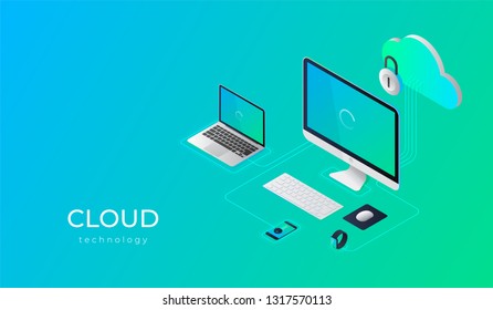 Cloud computing technology users network configuration isometric advertisement poster with pc monitor tablet phone laptop vector illustration
