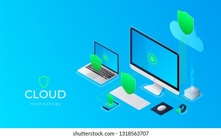 Cloud computing technology users network configuration isometric advertisement poster with pc monitor tablet phone laptop vector illustration