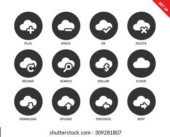 Cloud computing technology vector icons set. Items for saving data in the internet, options for navigation, clouds, delete, reload, search, download, next, previous. Isolated on white background