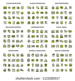 Cloud computing and technology.Data storage. Seo,development. Social network,communication. Internet connection. Email message.Medicine. Education. Thin line green icons set. Stroke.