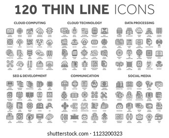 Cloud computing and technology.Data storage. Seo,development. Social network,communication. Internet connection. Email message. Thin line black icons with circle set. Stroke.