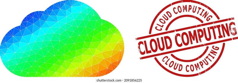 Cloud Computing textured stamp and lowpoly spectrum colored cloud icon with gradient. Red stamp includes CLOUD COMPUTING title inside circle and lines template.