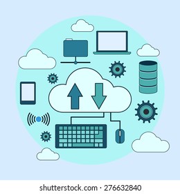 Cloud computing thin line art style vector concept. Web design elements collection.