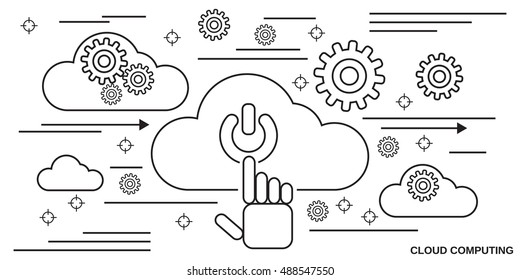 Cloud computing thin line art style vector web banner