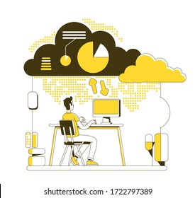 Cloud computing thin line concept vector illustration. Online data storage user 2D cartoon character for web design. Remote information access. Web hosting service, wireless technology creative idea