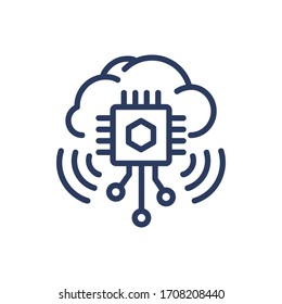 Cloud computing thin line icon. Microchip, circuit, wireless data transfer isolated outline sign. Computer technology concept. Vector illustration symbol element for web design and apps