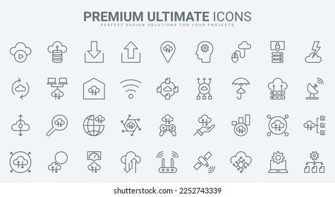 Cloud computing thin line icons set vector illustration. Outline automatic digital data transfer, download and synchronization, information management for storage, AI network platform and smart home
