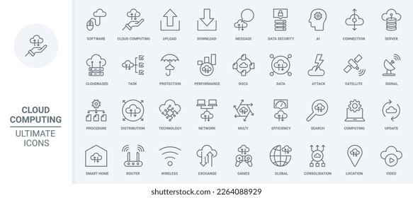 Cloud computing thin line icons set vector illustration. Outline server connection for download and upload of data files, update backup and software version, online security and signal efficiency