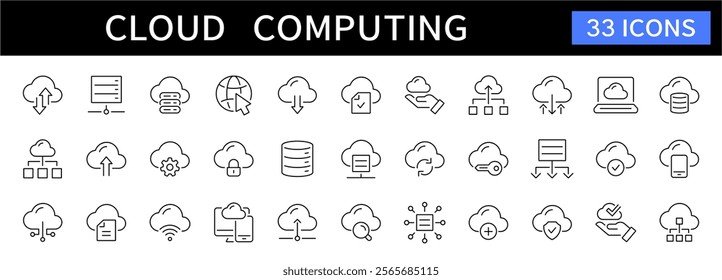 Cloud computing thin line icons set. Cloud service, database, server editable stroke icon. Vector
