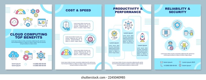 Cloud computing top benefits turquoise brochure template. Leaflet design with linear icons. Editable 4 vector layouts for presentation, annual reports. Arial-Black, Myriad Pro-Regular fonts used