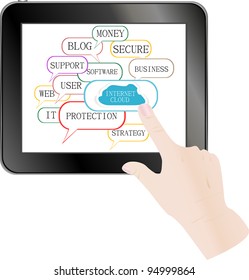 cloud computing and touch pad concept. hand touch the cloud. 3d rendered