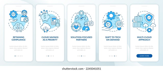 Las tendencias de la computación en nube benefician a la pantalla azul de aplicaciones móviles. Recorrido 5 pasos instrucciones gráficas editables con conceptos lineales. UI, UX, plantilla GUI. Multitud de tipos de letra Pro-Bold, con uso regular