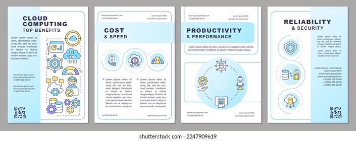 Cloud computing trends benefits light blue brochure template. Leaflet design with linear icons. Editable 4 vector layouts for presentation, annual reports. Arial, Myriad Pro-Regular fonts used