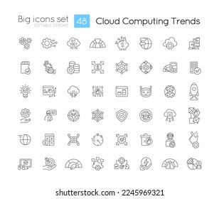 Fijación de iconos lineales de tendencias de computación en nube. Las tecnologías innovadoras son beneficiosas. Símbolos de línea delgada personalizables. Ilustraciones aisladas del contorno vectorial. Trazo editable. Tipo de letra rápido y ligero utilizado