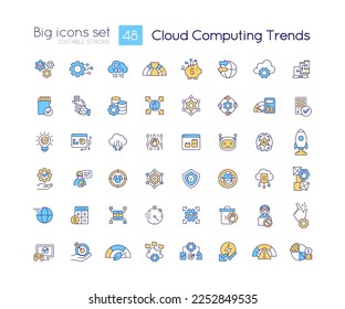 Cloud computing trends RGB color icons set. Digital information management. Isolated vector illustrations. Simple filled line drawings collection. Editable stroke. Quicksand-Light font used