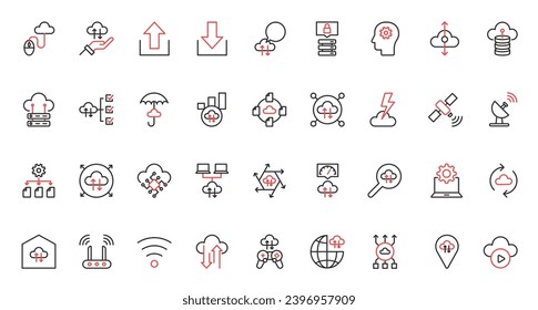 Iconos de la línea delgada roja de la computación en la nube configuran la ilustración vectorial. Transferencia automática de datos digitales, sincronización de descargas, almacenamiento de administración de información, plataforma de red AI, hogar inteligente