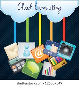 Cloud Computing upload with apps, illustration. On dark background