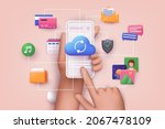 Cloud computing upload and download data online service with mobile phone. Polygonal wireframe cloud storage sign. 3D Web Vector Illustrations.