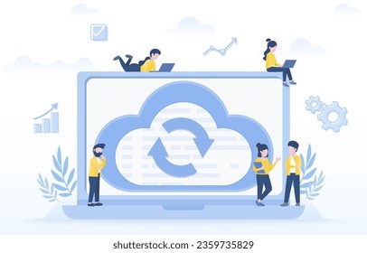 Cloud computing upload and download data online concept. Business people working on backup management, cloud storage, database transfer, synchronization, sharing and restoring. Vector illustration.
