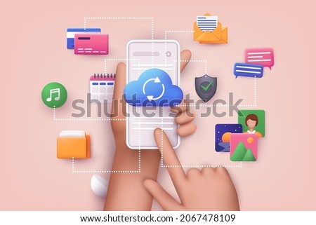 Cloud computing upload and download data online service with mobile phone. Polygonal wireframe cloud storage sign. 3D Web Vector Illustrations.