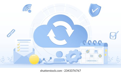 Cloud computing, upload, download, online data concept. Backup management, cloud storage, synchronization, database transfer, protect data. Flat vector design illustration.