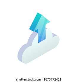 Cloud computing Upload Isometric Icon with up arrow. 3d Cloud storage digital service, data transfering mobile app symbol. Vector network technology, big data concept for web design, infographics