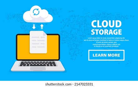 Cloud computing. Uploading process on computer screen. Cloud Data storage and processing. Backup concept. Network cloud service and hosting. Copying file