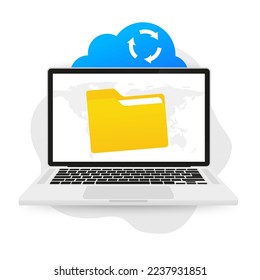 Cloud computing. Uploading process on computer screen. Cloud Data storage and processing. Backup concept. Data transferring from computer and cloud system. Vector illustration