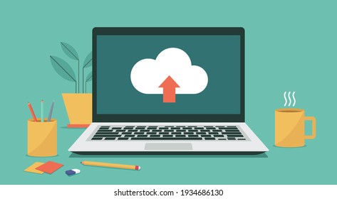 Cloud computing uploading technology on laptop computer concept, flat vector illustration	
