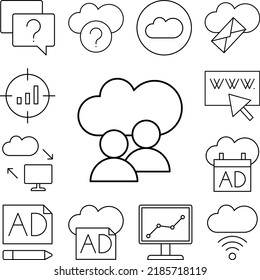 Cloud computing, users, SEO icon in a collection with other items