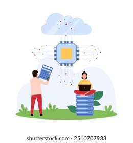 Cloud computing using AI, tech system innovation and development. Tiny people work with computer processor, semiconductor or chip and circuit to process digital data cartoon vector illustration