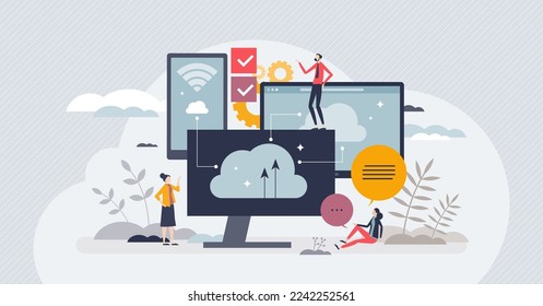 Cloud computing y uso de hosting virtual para el concepto de minúsculo usuario de almacenamiento de archivos. Base de datos de información digital con ilustración vectorial de conexión de respaldo inalámbrica. Tecnología en línea para subir a Internet