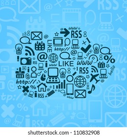 Cloud Computing Vector Blue Background. Social Media Concept and Doodle Pattern