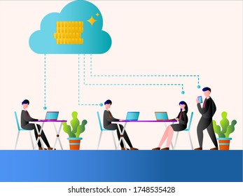 Cloud computing vector concept: Business people working on their laptops and phone with the cloud computing system