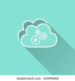Cloud computing vector icon with long shadow. White illustration isolated on green background for graphic and web design.