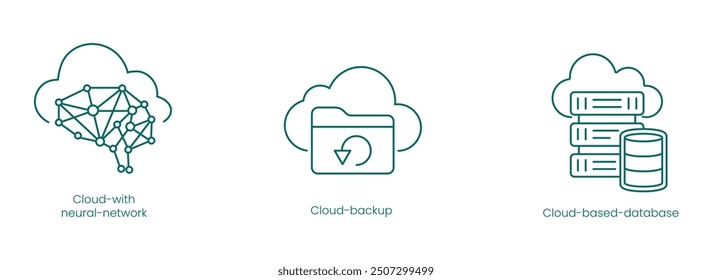 Vektorsymbole für Cloud-Computing: Neuronales Netzwerk, Backup und Datenbank