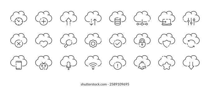 Cloud computing vector icons set featuring technology and data symbols.
