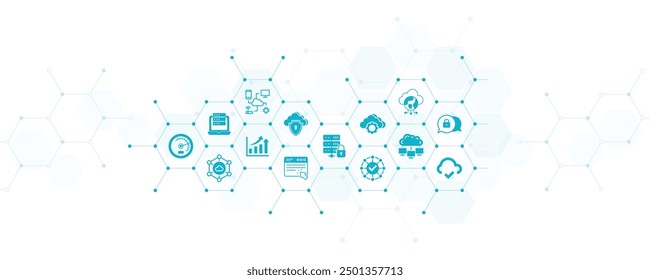 Cloud computing vector illustration. Blue concept with no people and icons related to cloud infrastructure and online storage, wireless connection, cloud technology, security, cloud content networks.