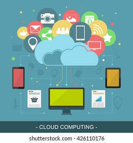 Cloud computing vector illustration. Computer, tablet and smart phone with colorful icons.