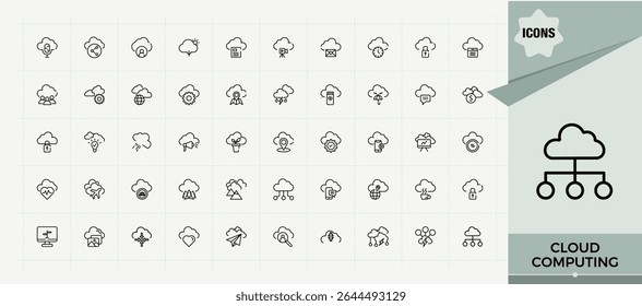 Cloud Computing vector line icon set. Thin outline icons pack. Pixel perfect. Vector illustration. Hosting icon pack. Pack of data, compute, database, web, system, technology, server and more.