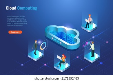 Cloud computing and virtual office, telecommuting. Business team online working using cloud data storage and sharing data on cloud computing server. Global business digital storage network.