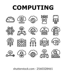 cloud computing virtualization icons set vector. scalability infrastructure, storage security, deployment automation, networking cloud computing virtualization black contour illustrations