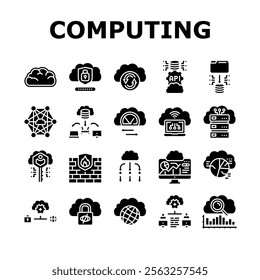 cloud computing virtualization icons set vector. scalability infrastructure, storage security, deployment automation, networking cloud computing virtualization glyph pictogram Illustrations