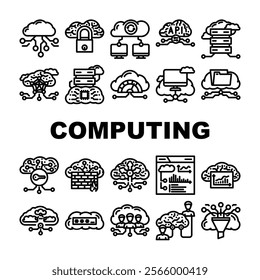 cloud computing virtualization icons set vector. scalability infrastructure, storage security, deployment automation, networking cloud computing virtualization black contour illustrations