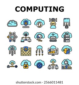 cloud computing virtualization icons set vector. scalability infrastructure, storage security, deployment automation, networking cloud computing virtualization color line illustrations