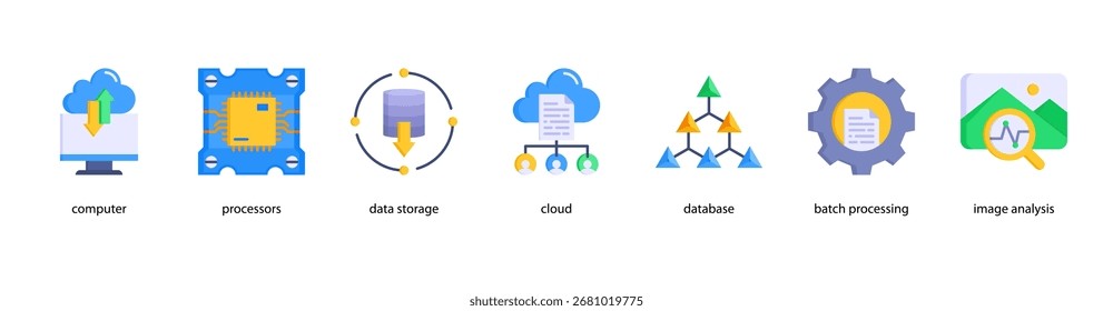 Cloud Computing web banner icon vector illustration featuring Computer, Processors, Data Storage, Cloud, Database, Batch Processing, and Image Analysis.