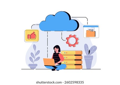 Cloud computing web concept with cartoon people design. Woman processing information and files at laptops using cloud storage and data backup. Flat vector illustration isolated on white background.