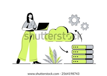 Cloud computing web concept with flat cartoon people for website design. Woman processing information using cloud data storage and cloudscape backup, making online sync files. Vector illustration.